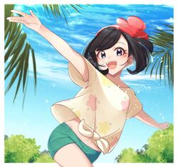  :d beanie black_hair blush border cloud commentary_request day female floral_print green_shorts grey_eyes hat highres mocacoffee_1001 open_mouth outdoors outstretched_arms pokemon pokemon_sm red_hat selene_(pokemon) shirt short_hair short_shorts short_sleeves shorts sky smile solo sparkle swept_bangs t-shirt teeth tied_shirt tongue upper_teeth_only white_border yellow_shirt 