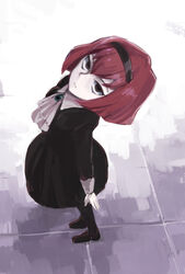  android black_dress brown_eyes brown_footwear commentary_request dress female from_above hairband kou1 leaning_back looking_up metal_skin pantyhose r_dorothy_wayneright red_hair short_hair solo standing the_big_o 