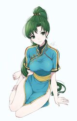  akina_(akn_646) barefoot closed_mouth dress earrings female fire_emblem fire_emblem:_the_blazing_blade full_body green_eyes green_hair jewelry long_hair lyn_(fire_emblem) ponytail short_sleeves side_slit simple_background sitting smile solo white_background 