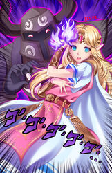  absurdres armor artist_name belt blonde_hair blue_eyes bracer circlet commentary dress earrings elver-lee emphasis_lines english_commentary female fire gem heart heart_hands highres jewelry jojo_no_kimyou_na_bouken jojo_pose long_hair looking_at_viewer menacing_(jojo) parted_bangs pauldrons phantom_(zelda) photoshop_(medium) pointy_ears pose princess_zelda purple_fire red_gemstone short_sleeves shoulder_armor sound_effects super_smash_bros. tabard the_legend_of_zelda the_legend_of_zelda:_a_link_between_worlds the_legend_of_zelda:_spirit_tracks white_dress 