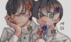  2boys absurdres black_eyes black_hair buttons closed_mouth collared_shirt commentary_request fatalbug896 flower food hair_between_eyes hair_flower hair_ornament hand_on_own_chin head_rest highres holding holding_food latch licking long_sleeves looking_at_viewer male_focus multiple_boys nichts_(fatalbug896) orange_flower original popsicle purple_flower shirt short_hair simple_background tongue tongue_out upper_body white_background white_shirt wille_(fatalbug896) 