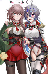  2girls :d absurdres ahoge azur_lane belt bird black_gloves blue_nails blush boots breasts brown_hair brown_pantyhose buko_(bukosuki) cape cape_tug chick clothing_cutout commentary cowboy_shot cross_hair_ornament crossed_bangs drill_hair duca_degli_abruzzi_(azur_lane) earrings elbow_gloves epaulettes foch_(azur_lane) gloves gradient_hair green_cape grey_hair groin hair_between_eyes hair_ornament hair_over_shoulder halo hand_on_another&#039;s_shoulder heart_hands_failure high-waist_skirt highres holding holding_scepter holster jewelry knife_sheath large_breasts leotard leotard_under_clothes long_hair looking_at_viewer manjuu_(azur_lane) mechanical_halo multicolored_hair multiple_girls neckerchief o-ring o-ring_belt oerba_yun_fang open_mouth pantyhose parted_lips pink_eyes prosthesis prosthetic_hand purple_hair red_eyes red_neckerchief red_skirt scepter sheath shirt sideboob sidelocks simple_background single_elbow_glove skin_fang skindentation skirt smile sparkle standing thigh_boots thigh_cutout thigh_holster thigh_strap thighhighs two-tone_cape underbust white_background white_cape white_shirt white_thighhighs 