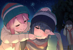  3girls adjusting_eyewear blue_hair blush brown_hair brushing_another&#039;s_teeth camping_chair closed_eyes commentary drooling eyes_visible_through_hair glasses hand_on_another&#039;s_head highres kagamihara_nadeshiko long_hair minawa motion_lines multicolored_clothes multicolored_headwear multiple_girls night outdoors peeping pink_hair poncho rubbing_eyes saliva shima_rin sky sleepy smile sparkle star_(sky) starry_sky sun_symbol toba_minami tree upper_body woollen_cap yuri yurucamp 