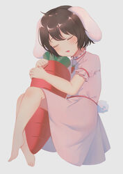  animal_ears bare_legs barefoot black_hair blush carrot carrot_necklace closed_eyes dress fat123 female floppy_ears highres inaba_tewi jewelry necklace parted_lips pink_dress puffy_short_sleeves puffy_sleeves rabbit_ears rabbit_tail short_hair short_sleeves simple_background sleeping solo tail toes touhou white_background 