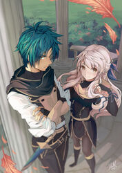  1boy adapted_costume belt black_gloves black_pantyhose boots bracelet commentary crossed_arms dakiarts dress elbow_gloves english_commentary feathers female fingerless_gloves fire_emblem fire_emblem:_radiant_dawn fire_emblem:_three_houses from_above garreg_mach_monastery_uniform gloves green_hair hair_ribbon highres indoors jewelry long_hair long_sleeves micaiah_(fire_emblem) orange_eyes pantyhose perspective ribbon scarf sheath side_slit signature sleeveless sleeveless_dress smile sothe_(fire_emblem) sword weapon white_hair yellow_eyes yellow_scarf 