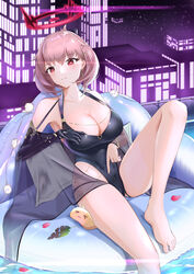  &gt;_&lt; absurdres arino_ayarei azur_lane bare_shoulders barefoot black_one-piece_swimsuit breasts cleavage collarbone duca_degli_abruzzi_(azur_lane) duca_degli_abruzzi_(lustrous_onyx_sirenetta)_(azur_lane) earrings female glowing glowing_eye hair_ornament hairclip halo heart heart-shaped_pupils highres inflatable_chair jewelry light_purple_hair light_smile manjuu_(azur_lane) mechanical_arms official_alternate_costume one-piece_swimsuit petals pool prosthesis prosthetic_arm prosthetic_hand red_eyes single_mechanical_arm solo swimsuit symbol-shaped_pupils wet wet_clothes wet_swimsuit 