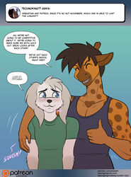  5_fingers anthro ask_blog blue_eyes blush canid canine canis clothed clothing conditional_dnp dialogue digital_media_(artwork) domestic_dog duo english_text fingers fur giraffe giraffid kadath male mammal patrick_(kadath) sebastian_(kadath) shirt simple_background tank_top text topwear 