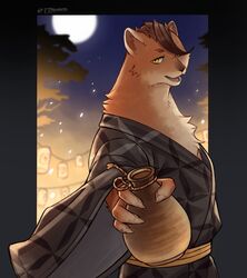  1boy 7th_art_forge absurdres animal_ears bottle claws english_commentary full_moon furry furry_male genshin_impact highres japanese_clothes kamai_kenji kamaitachi_boy kamaitachi_ears kimono lantern looking_at_viewer male_focus moon night night_sky open_mouth paper_lantern sake_bottle sky tree twitter_username weasel_boy weasel_ears yellow_eyes yukata 