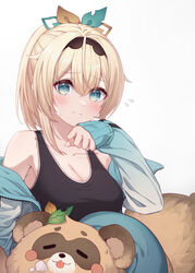  absurdres alternate_breast_size bad_id bad_pixiv_id bare_shoulders black_shirt blonde_hair blue_eyes blue_jacket blush breasts closed_mouth commentary_request female flying_sweatdrops hair_between_eyes hair_ribbon highres hololive jacket kazama_iroha large_breasts looking_at_viewer pokobee ponytail ribbon shirt short_hair simple_background sleeveless sleeveless_shirt sleeves_past_wrists smile solo tang-du upper_body virtual_youtuber white_background 