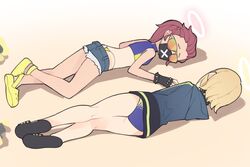  2girls ass bad_id bad_twitter_id bikini bikini_under_clothes blonde_hair blue_archive collar crocs cutoffs denim denim_shorts halo hood hooded_jacket jacket kamo_(kamonabe_44) lying mask mouth_mask multiple_girls on_side on_stomach red_hair sand sandals seaside_sukeban_(mg)_(blue_archive) seaside_sukeban_(smg)_(blue_archive) shadow short_hair shorts spiked_collar spikes sunglasses swimsuit tan tanlines thong_bikini tinted_eyewear 