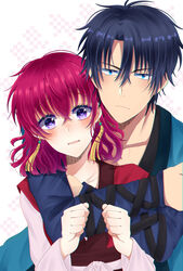  1boy akatsuki_no_yona black_hair blue_eyes blush collarbone earrings female hair_between_eyes hak_(akatsuki_no_yona) highres hug hug_from_behind jewelry long_sleeves looking_at_viewer mm_uw open_mouth purple_eyes red_hair short_hair wavy_mouth white_background yona_(akatsuki_no_yona) 