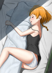  :o absurdres artist_name ass blush braid decadence_(anime) female highres hugging_object kayama_kouji lying natsume_(decadence) on_bed on_side orange_hair panties pillow pillow_hug profile short_hair smile solo underwear white_panties 