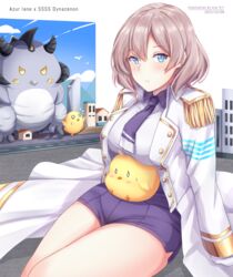  artist_name azur_lane blue_eyes blue_skirt breast_rest breasts breasts_on_head coat copyright_name dated epaulettes female gold_trim gridman_universe hair_between_eyes highres house kaijuu large_breasts light_brown_hair looking_at_viewer manjuu_(azur_lane) medium_hair military_coat mujina necktie open_clothes open_coat props purple_necktie purple_shorts short_necktie shorts sitting skirt solo ssss.dynazenon uki_(kiw_kiu) white_coat 