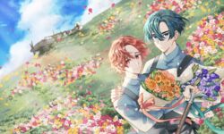  2boys aircraft airplane apron aqua_hair bad_id bad_pixiv_id blue_eyes blue_shirt blue_sky brown_eyes brown_hair cane cloud day earrings field flower flower_field hair_between_eyes hand_on_another&#039;s_shoulder jewelry karasumaru long_sleeves looking_at_viewer male_focus multiple_boys original outdoors petals pink_ribbon ribbon shirt sky stud_earrings sunlight yaoi 