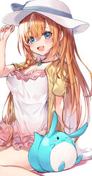  40_(0f0urw) :d ;3 absurdres arm_up blonde_hair blue_eyes blue_ribbon blush breasts commentary_request dress eyes_visible_through_hair female hair_between_eyes hand_on_headwear hat hat_ribbon highres jewelry long_hair medium_breasts necklace one_eye_closed open_mouth pecorine_(princess_connect!) pecorine_(real)_(princess_connect!) pendant princess_connect! ribbon sitting smile solo sun_hat very_long_hair white_background white_dress white_hat 