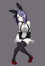  animal_ears black_eyes black_thighhighs blue_hair blush breasts cleavage closed_mouth colored_skin commentary compression_sleeve cookie_(touhou) fake_animal_ears female flour_(cookie) full_body highres kumoi_ichirin large_breasts leotard looking_at_viewer medium_hair parted_bangs rabbit_ears red_footwear simple_background smile solo surauta thighhighs touhou tuxedo_leotard white_skin 