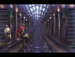  ahoge arch banner belt black_pants book bookshelf cape cthugha cthulhu_mythos enothela glass_ceiling grey_hair halo headband hidden_eyes high_heels library long_hair multicolored_hair original pants personification railing reading red_hair scenery side_ponytail wall_lamp wavy_hair 