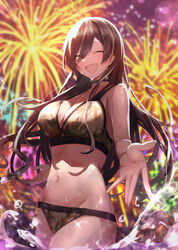  ;d absurdres bikini black_choker black_hair breasts choker cleavage female firework_background fireworks foreshortening groin highres idolmaster idolmaster_shiny_colors large_breasts long_hair looking_at_viewer navel one_eye_closed print_bikini shirase_sakuya smile solo splashing straight_hair swimsuit tonguewasabi very_long_hair wading water_drop wet wet_hair 