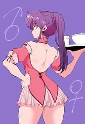  back backless_dress backless_outfit blue_eyes bowl commentary_request copyright_request cowboy_shot cup detached_sleeves dress earrings female from_behind hand_on_own_hip highres holding holding_tray jewelry long_hair looking_at_viewer looking_back marimo_(yousei_ranbu) miniskirt pink_dress ponytail profile purple_background purple_hair simple_background skirt solo tray 