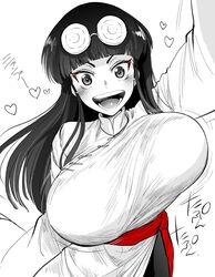  arm_up blunt_bangs blush bouncing_breasts breasts coke-bottle_glasses commentary_request eyewear_on_head female genderswap_(mtf) glasses greyscale heart large_breasts long_hair marimo_(yousei_ranbu) monochrome mousse_(ranma_1/2) open_mouth ranma_1/2 rule_63 simple_background smile solo spot_color upper_body waving white_background 