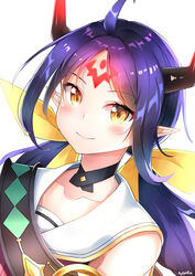  ahoge apocalypse_ravi_(epic_seven) blush bow breasts cleavage collarbone commentary epic_seven female hairbow horns large_bow long_hair looking_at_viewer orange_bow parted_bangs pointy_ears ponytail ravi_(epic_seven) simple_background smile solo sylphine white_background 