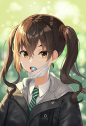  artist_name bad_id bad_pixiv_id black_coat blurry blurry_background brown_hair candy coat collared_shirt commentary depth_of_field dopoing female food food_in_mouth green_necktie highres idolmaster idolmaster_cinderella_girls lollipop long_hair mask mask_pull mole mole_under_eye mouth_mask necktie open_mouth sharp_teeth shirt solo striped striped_necktie sunazuka_akira sunlight surgical_mask teeth tongue tongue_out twintails upper_body yellow_eyes 