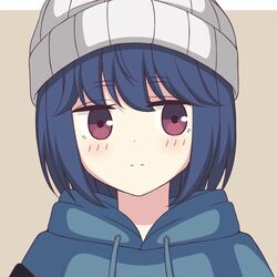  bad_id bad_twitter_id beanie blue_hair blue_hoodie blush brown_background closed_mouth commentary drawstring expressionless female hat hood hood_down hoodie jitome looking_at_viewer medium_hair portrait purple_eyes shima_rin simple_background solo white_hat yurucamp zeta_(24904340) 