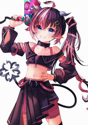  ahoge belt belt_collar black_belt black_hair black_jacket black_skirt black_sleeves bloomers blue_eyes blush bra collar commentary_request cowboy_shot cropped_jacket demon_girl demon_horns demon_tail detached_sleeves earrings emoji fangs female flat_chest flower grey_horns grin hair_flower hair_ornament hair_ribbon highres holding holding_megaphone horns jacket jewelry long_hair looking_at_viewer megaphone midriff multicolored_hair nanashi_inc. navel off_shoulder oinomori_may oinomori_may_(1st_costume) one_side_up open_clothes open_jacket pink_bloomers pink_bra pink_hair pink_ribbon pleated_skirt pointy_ears ribbon simple_background single_earring skirt sleeveless sleeveless_jacket smile smiling_face_with_horns_emoji solo streaked_hair sugar_lyric tail temari_maco thigh_strap two-tone_hair underwear virtual_youtuber white_background 