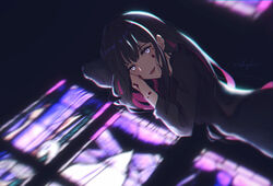  ankodesoy babylon_(nozaki_mado) black_dress black_hair blood blood_on_face copyright_name dress female grey_eyes hair_between_eyes long_hair long_sleeves looking_at_viewer lying magase_ai multicolored_hair on_side pink_hair solo two-tone_hair very_long_hair 