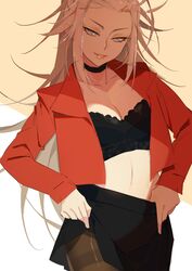  bishounen_series black_bra bra female grey_eyes highres ian_olympia jacket jewelry lips lipstick looking_at_viewer makeup necklace no_bangs open_clothes open_jacket pantyhose red_jacket rei_(bishounen_series) underwear undressing white_hair 