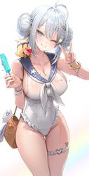  absurdres ahoge azur_lane bag blue_sailor_collar breasts cameltoe casual_one-piece_swimsuit cleavage covered_navel double_bun female food freng frilled_one-piece_swimsuit frills grey_hair hair_bun hair_ornament hairclip handbag heart_o-ring highres holding holding_food holding_popsicle jade_(a_lick_of_summer)_(azur_lane) jade_(azur_lane) large_breasts manjuu_(azur_lane) o-ring o-ring_thigh_strap official_alternate_costume one-piece_swimsuit one_eye_closed popsicle sailor_collar sailor_one-piece_swimsuit smile swimsuit thigh_strap thighs v wet white_one-piece_swimsuit 