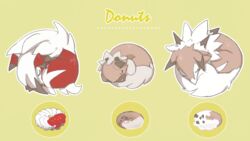  canine closed_eyes commentary curled_up dabu_(dabuchan) doughnut evolutionary_line food french_cruller icing lycanroc lycanroc_(midday) lycanroc_(midnight) no_humans outline pokemon pokemon_(creature) rockruff sleeping 