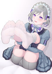  absurdres blush bobby_socks contender_(flowerful_maid)_(girls&#039;_frontline) contender_(girls&#039;_frontline) dress dyamond feet female foot_focus foreshortening girls&#039;_frontline green_hair highres juliet_sleeves lace-trimmed_dress lace_trim legs_up long_sleeves maid maid_headdress multicolored_hair no_shoes official_alternate_costume open_mouth puffy_sleeves purple_eyes purple_hair short_hair socks soles solo streaked_hair toes white_socks 