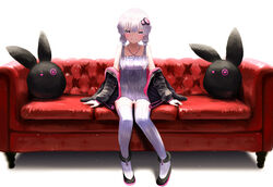  :d absurdres animal_ears animal_hood bare_shoulders black_jacket blush commentary couch criss-cross_halter dress female full_body grin hair_ornament halter_dress halterneck highres hood hood_down hooded_jacket hoodie jacket knees_up long_sleeves looking_at_viewer loose_thighhigh low_twintails lying off_shoulder on_couch open_clothes open_hoodie open_jacket open_mouth photoshop_(medium) purple_dress purple_eyes purple_hair purple_thighhighs rabbit-shaped_pillow rabbit_ears short_dress short_hair_with_long_locks sidelocks simple_background sitting smile solo striped_clothes striped_thighhighs thighhighs twintails uniuni_nurunuru vertical-striped_clothes vertical-striped_thighhighs vocaloid voiceroid white_background yuzuki_yukari 