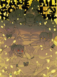  1boy 6+girls abs aegir_(tokyo_houkago_summoners) bara beard blue_eyes breasts chest copyright_name covering crown english_text facial_hair glowing glowing_eyes gomtang green_eyes long_hair manly multiple_girls navel nipples nude_cover open_mouth orange_eyes partially_colored pectorals pink_eyes purple_eyes red_eyes shirtless short_hair teeth thick_thighs thighs tokyo_houkago_summoners towel yellow_eyes 