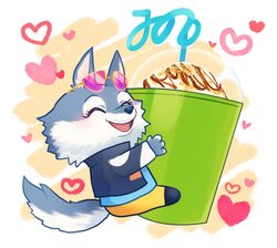  anthro beverage blue_straw bottomwear canid canine canis chibi clothing container countershading cup drinking_straw eyewear eyewear_on_head female happy heart_symbol hug illumination_entertainment jacket mammal pants porsha_crystal silly_straw sing_(movie) sioriw solo straw_(disambiguation) sunglasses sunglasses_on_head topwear wolf 