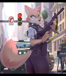  2022 absurd_res anthro anya_isklo ass black_bars building bulletproof_vest butt_pose canid canine canis city collapsable_stock digital_media_(artwork) directional_arrow disney duo english_text female female_focus flag flag_patch glock glock_17 gun handgun hi_res hinget looking_back male mammal no_symbol pistol police police_officer pose prohibition_sign ranged_weapon red_dot_sight road_sign sig_mpx sig_sauer sign sign_graphic silencer skyscraper solo_focus swedish_flag symbol text traffic_light traffic_sign walkie-talkie weapon widescreen wolf zootopia 