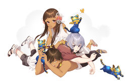  2boys :o aged_down animal anklet bare_shoulders blunt_bangs bracelet brown_hair bug butterfly catching cloak commentary_request covering_own_mouth dark-skinned_female dark-skinned_male dark_skin faceless fate/grand_order fate/prototype fate/prototype:_fragments_of_blue_and_silver fate_(series) feline female flower grey_hair hair_flower hair_ornament hand_over_own_mouth hands_up holding holding_animal jewelry leg_warmers long_hair looking_at_viewer lying_on_person moses_(fate) multiple_boys necklace nefertari_(fate) omi_(tyx77pb_r2) outstretched_arms ozymandias_(fate) pants purple_eyes running sandals short_sleeves sphinx_awlad straight_hair topless_male white_background wings yellow_butterfly yellow_eyes 