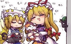  2girls :3 animal_ear_piercing bell blonde_hair bow calico cheating_(relationship) chen chen_(cat) claws closed_eyes commentary_request crack feline fox_tail goutokuji_mike goutokuji_mike_(cat) hair_ribbon hairbow happy hat headpat highres jealous jewelry kaenbyou_rin kaenbyou_rin_(cat) mob_cap multiple_girls multiple_tails o_o red_eyes ribbon tail touhou triangle_mouth unime_seaflower yakumo_ran yakumo_yukari 