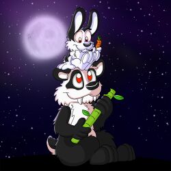  1:1 2021 anthro bamboo bear black_body black_ears black_fur black_hair black_nose black_tail bunnicula bunnicula_(series) carrot carrying_another digital_media_(artwork) duo fangs food full_moon fur giant_panda hair hand_on_ear holding_bamboo holding_carrot holding_food holding_object holding_vegetable hukley lagomorph leporid long_ears looking_at_another male mammal moon multicolored_body multicolored_fur night on_head pink_sclera plant rabbit red_eyes scut_tail sharp_teeth short_tail sitting sitting_on_head smile star tail teeth two_tone_body two_tone_fur two_tone_tail vampire vegetable white_body white_fur white_hair white_tail 