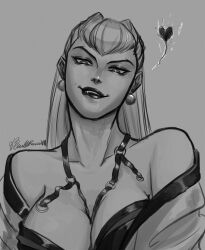  biting_own_lip breasts cleavage demon demon_girl evelynn_(league_of_legends) female greyscale heart highres k/da_(league_of_legends) k/da_all_out_evelynn league_of_legends long_hair looking_at_viewer monochrome rouza_vii solo 