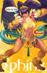  ancient_egyptian_clothes animal_feet animal_hands ankh anklet black_hair blue_eyeshadow chimera dark-skinned_female dark_skin eyeshadow female fighting_stance fingernails highres jewelry makeup original sharp_fingernails simple_background snake_head_tail sphinx standing tail toned toned_female yellow_background yoshikawa_tatsuya 