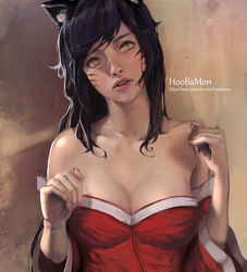  1girls ahri animal_ears artist_name bare_shoulders black_hair breasts cleavage covered_breasts facial_mark female female_only fox_humanoid high_resolution hoobamon large_breasts league_of_legends long_hair looking_at_viewer solo web_address whisker_markings youkai 