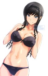  absurdres adversarial_noise amagami black_bra black_hair black_hairband black_panties blue_eyes bra breasts cleavage clenched_hands clenched_teeth collarbone cowboy_shot curly_hair dated drill_hair dutch_angle female hairband hands_on_own_breasts highres large_breasts long_hair looking_at_viewer mitojyaneeeeyo morishima_haruka navel panties simple_background skindentation solo teeth twitter_username underwear underwear_only watermark white_background 