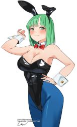  absurdres animal_ear_hairband animal_ears black_leotard blue_pantyhose bow bowtie breasts bulma_briefs cleavage detached_collar dragon_ball dragon_ball_(classic) fake_animal_ears green_eyes green_hair hairband hand_on_own_hip highres large_breasts leotard lewdrawings pantyhose playboy_bunny rabbit_ears red_bow red_bowtie short_hair simple_background11girl solo strapless strapless_leotard white_background wrist_cuffs 