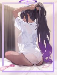  absurdres adjusting_hair after_sex alternate_costume ass bed_sheet black_hair blue_archive blush breasts commentary_request condom curtains dark-skinned_female dark_skin female from_behind gradient_hair halo highres indoors karin_(blue_archive) korean_commentary large_breasts long_hair looking_at_viewer multicolored_hair on_bed partial_commentary ponytail purple_hair purple_halo rehu_(astd5787) see-through_silhouette shirt short_sleeves solo thighs used_condom very_long_hair yellow_eyes 