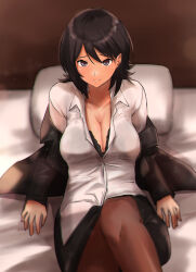  amagami arm_support black_bra black_hair black_jacket black_pantyhose bra breasts cleavage commentary female hashtag-only_commentary highres jacket lace-trimmed_bra lace_trim looking_at_viewer on_bed pantyhose partially_unbuttoned pillow shirt short_hair solo takahashi_maya underwear white_shirt yoo_tenchi 