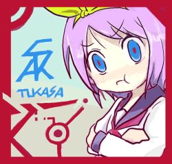  :t bad_id blue_eyes blush crossed_arms hairband hiiragi_tsukasa lucky_star purple_hair school_uniform serafuku short_hair sne 