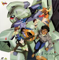  1990s_(style) 3boys 3girls black_hair blue_eyes blue_hair boots box_art brasta_jellines brown_hair cover denim elischa_kranskie gun_blastor gundam hairband highres jacket jeans karrel_massarik katoki_hajime leather leather_jacket martina_kranskie mecha mobile_suit multiple_boys multiple_girls official_art pants promotional_art retro_artstyle robot scan science_fiction short_hair shorts skirt sofia_ierines tomache_massarik traditional_media victory_gundam 