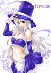  bandeau bare_shoulders breasts capcom_fighting_jam cleavage coco_(eccentricrouge) commentary_request crop_top detached_collar detached_sleeves female frills groin hat ingrid_(capcom) long_hair midnight_bliss midriff navel photoshop_(medium) red_eyes small_breasts solo thighhighs top_hat white_hair zettai_ryouiki 